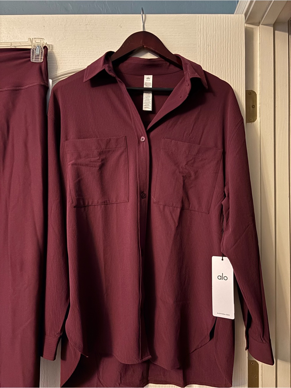 ALO Yoga Deep Wine Button-Up Top and high waist airlift leggings. - Picture 6 of 14